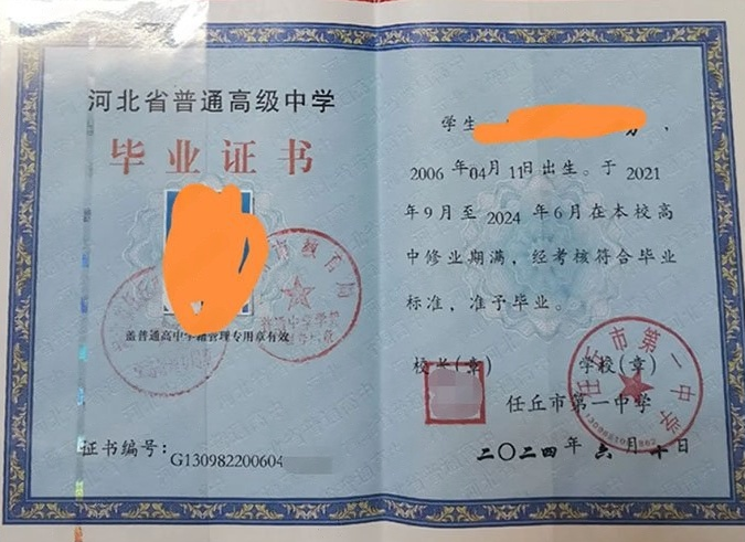 常德任丘市第一中学高中毕业证样本图片